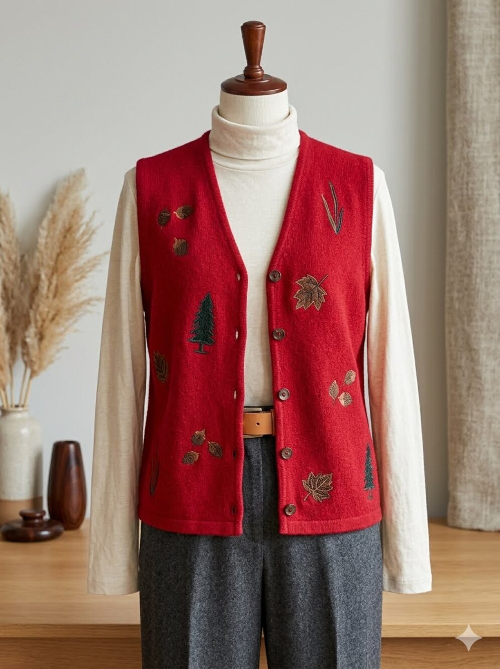 Vintage Pendleton Red Wool Sweater Vest Embroidered Fall Leaf Cottagecore Medium